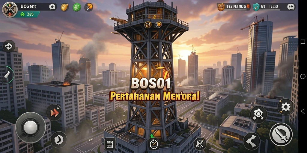 Screenshot menunjukkan aksi pertahanan menara yang intens dalam BOS01.