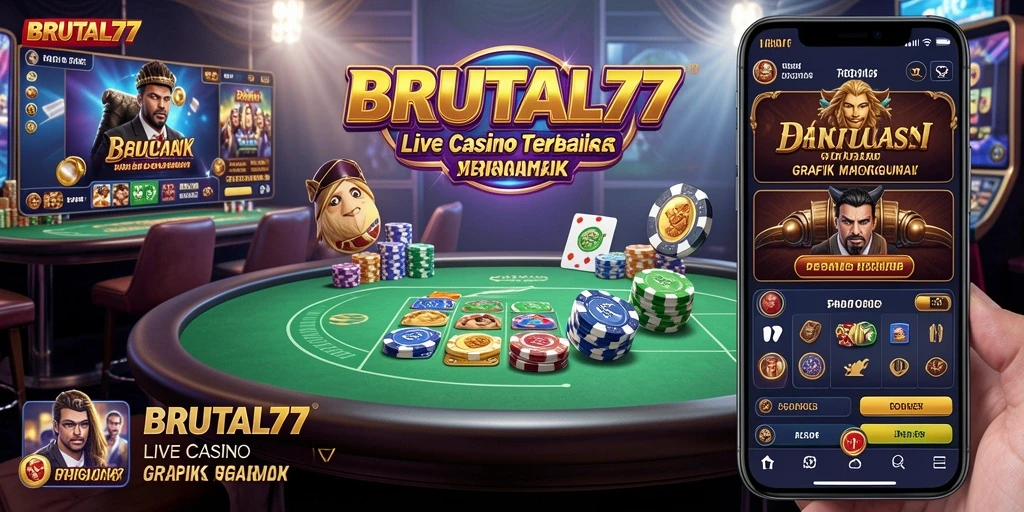 Screenshot gameplay BRUTAL77 menampilkan dealer dan pemain dalam suasana kasino Live Casino.