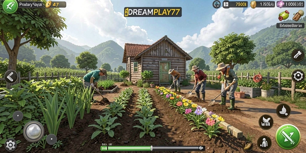Tampilan gameplay <strong>DREAMPLAY77</strong> saat bertani yang menarik dan interaktif.