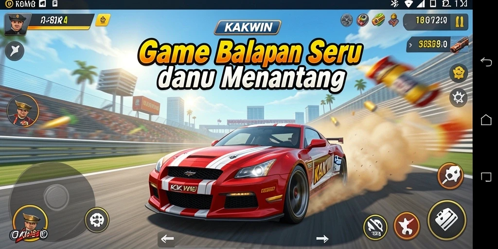 Tampilan gameplay menegangkan di KAKWIN dengan aksi balapan yang cepat.