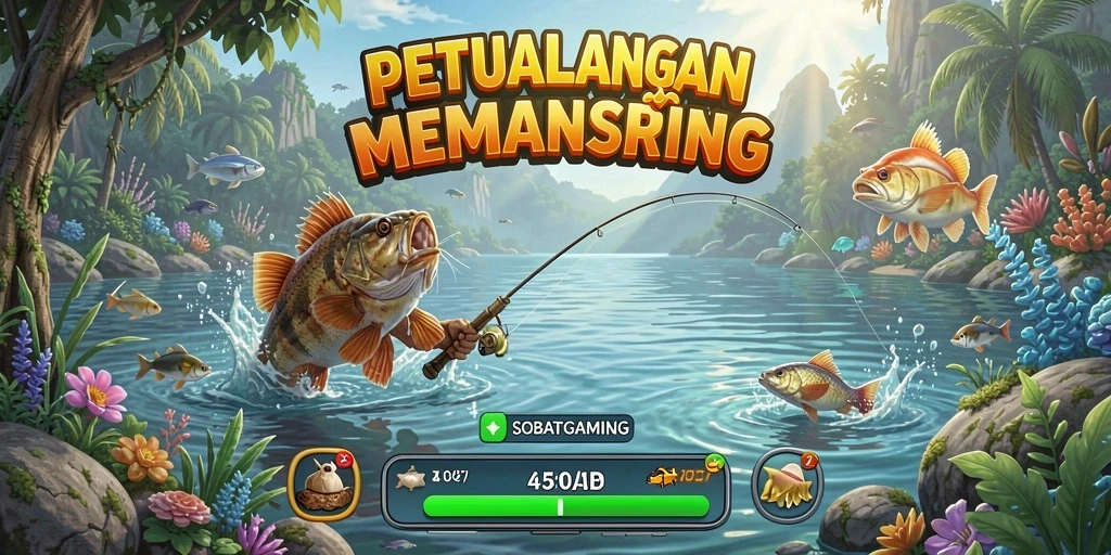 Screenshot utama SOBATGAMING menampilkan pemain yang asyik memancing di danau.